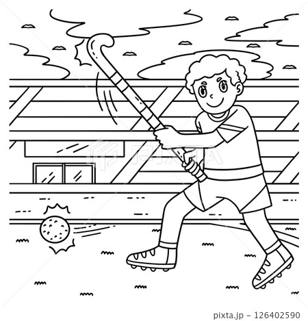 Field Hockey Male Player Hitting the Ball Coloring 126402590