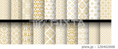 Geometric floral set of seamless patterns. White and golden vector backgrounds. Damask graphic ornaments Geometric floral set of seamless patterns. White and golden vector backgrounds. Damask graphic ornaments 126402606
