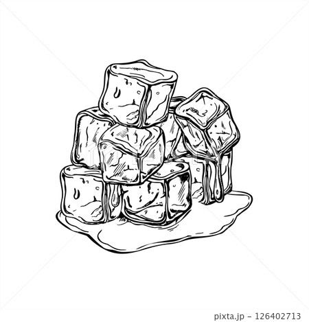 Stacked ice cubes melting into water puddle monochrome vector illustration. Crystal freezer brick graphic sketch for beverage packaging, bar menus, climate change visual, or refreshing summer design. Stacked ice cubes melting into water puddle monochrome vector illustration. Crystal freezer brick graphic sketch for beverage packaging, bar menus, climate change visual, or refreshing summer design. 126402713