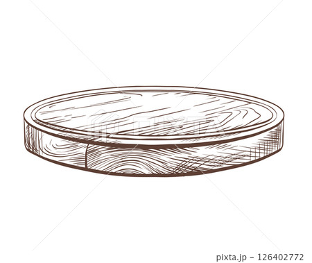 Round wooden serving board with natural grain texture, presented in clean black and white vector art. Minimalist line illustration for kitchenware branding and packaging design 126402772
