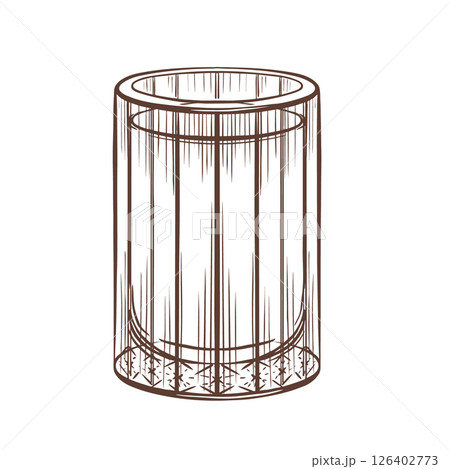 A faceted glass filled with water, depicted in crisp black and white line art. Minimalist vector illustration with clean geometric shapes for beverage branding and packaging designs 126402773