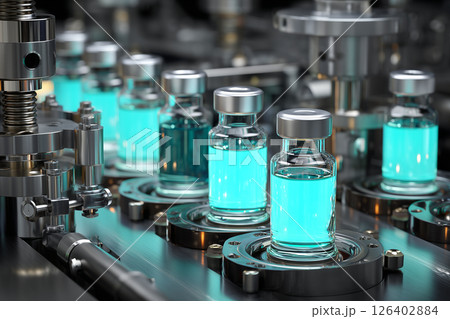 Glowing Turquoise Vials on a Futuristic Assembly Line in a High-Tech Laboratory Setting Glowing Turquoise Vials on a Futuristic Assembly Line in a High-Tech Laboratory Setting 126402884