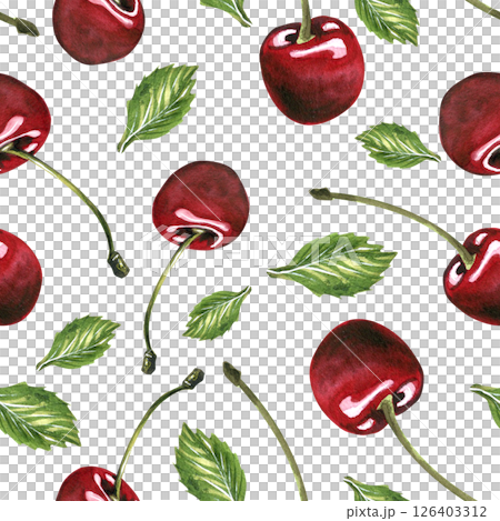 Red ripe cherries individual berries with stems, green leaves. Watercolor hand drawn illustration on the theme of fruits, food and desserts. Seamless pattern, ornament on a white background 126403312