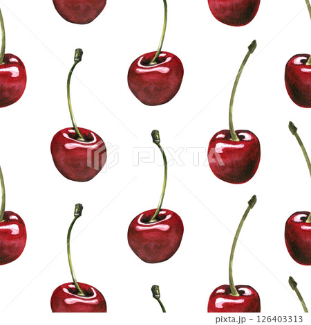 Red ripe cherries individual berries with stems. Watercolor hand drawn illustration on the theme of fruits, food and desserts. Seamless pattern, ornament on a white background, infinitely repeating Red ripe cherries individual berries with stems. Watercolor hand drawn illustration on the theme of fruits, food and desserts. Seamless pattern, ornament on a white background, infinitely repeating 126403313