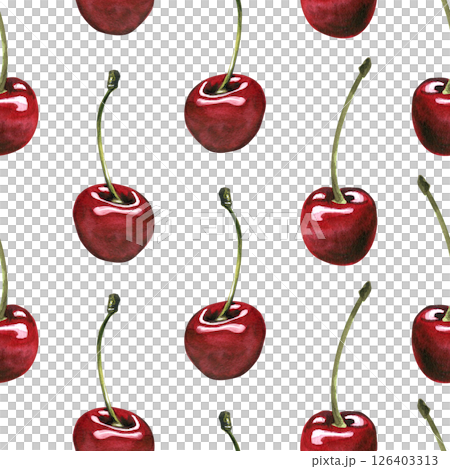 Red ripe cherries individual berries with stems. Watercolor hand drawn illustration on the theme of fruits, food and desserts. Seamless pattern, ornament on a white background, infinitely repeating Red ripe cherries individual berries with stems. Watercolor hand drawn illustration on the theme of fruits, food and desserts. Seamless pattern, ornament on a white background, infinitely repeating 126403313