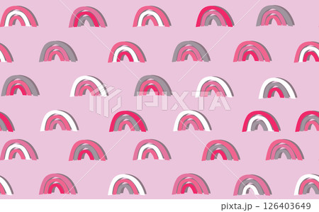 Trendy seamless pattern with colorful rainbow on color background. Design for invitation, poster, card, fabric, textile, fabric. Cute holiday illustration for baby. Scandinavian doodle style 126403649