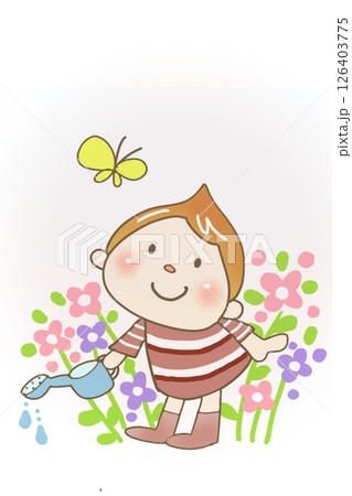 ちょうちょさんこんにちは♪／お花に水をあげる子どもと蝶のイラスト 126403775