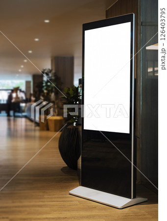 Mock up screen Media advertisement Sign stand screen Indoor restaurant Mock up screen Media advertisement Sign stand screen Indoor restaurant 126403795