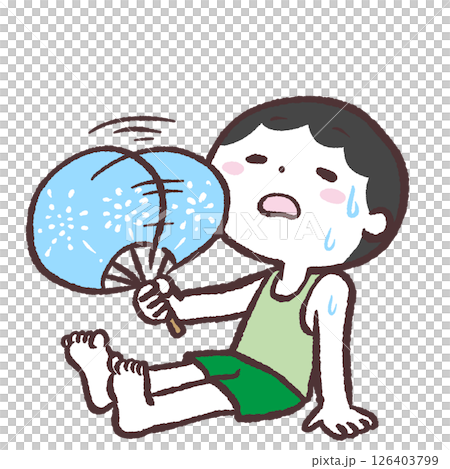 一個男孩用扇子搧風的插圖 126403799