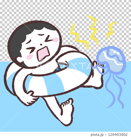 一名男孩在海洋中被水母攻擊的插圖 一名男孩在海洋中被水母攻擊的插圖 126403802