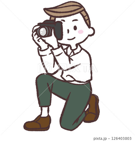 しゃがんでカメラを構える男性のイラスト 126403803