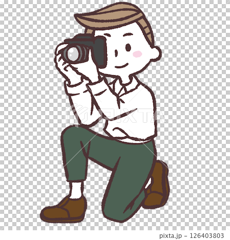 しゃがんでカメラを構える男性のイラスト 126403803