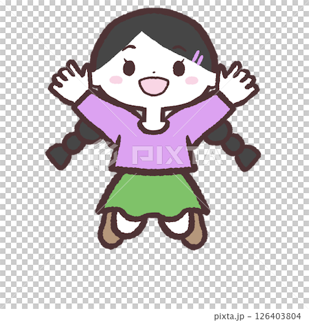 ジャンプするみつあみの女の子のイラスト 126403804