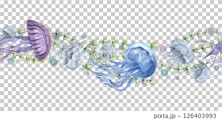 Graceful jellyfish swimming among seaweed and water bubbles whimsical watercolor seamless border isolated background. For nursery decor, marine themed wallpapers, textile prints, and spa branding 126403993