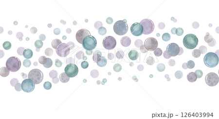 Abstract floating bubbles in varying sizes watercolor seamless wavy border isolated background. Fluid organic movement ornate. For spa branding, nursery decor, marine or wellness product packaging. 126403994
