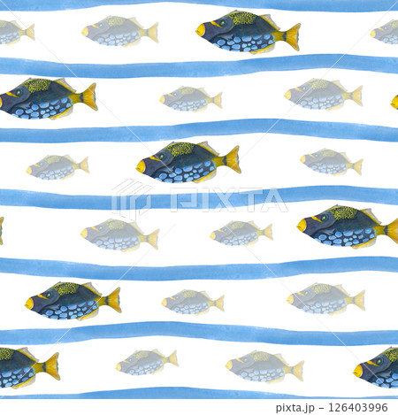 Triggerfish swimming among abstract wavy blue lines watercolor seamless pattern isolated background. For tropical themed designs, beachwear textiles, marine conservation materials, coastal home decor 126403996