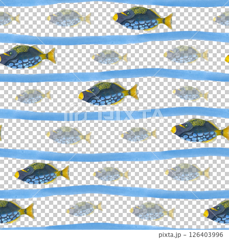 Triggerfish swimming among abstract wavy blue lines watercolor seamless pattern isolated background. For tropical themed designs, beachwear textiles, marine conservation materials, coastal home decor 126403996