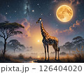 満月の夜の草原とキリンと雲のある風景 126404020