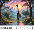 満月の夜の湖と鹿のいる風景 126404021