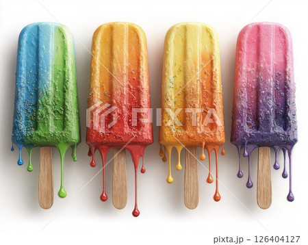 Melting Rainbow Popsicles on White Background Melting Rainbow Popsicles on White Background 126404127