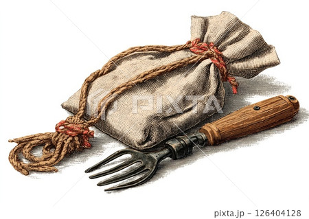 Vintage Illustration of a Burlap Seed Bag and Garden Fork Vintage Illustration of a Burlap Seed Bag and Garden Fork 126404128