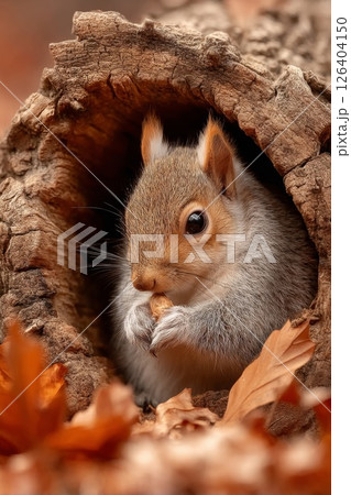 Gray Squirrel in Autumn Leaves Hiding in Tree Trunk 126404150