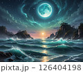 青く輝く夜空と月が海面に反射し海面の反射する海面と青く反射の風景画 126404198