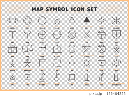 Map and cartographic symbol icon material set Map and cartographic symbol icon material set 126404223