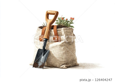 Beige Burlap Bag with Small Shovel and Red Flowers 126404247
