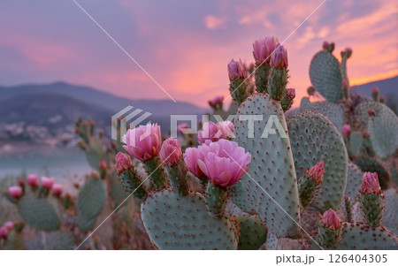 Pink Cactus Blossoms at Sunset in a Mountainous Desert 126404305