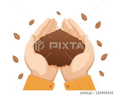 Illustration of hands gently holding a pile of soil on a white background. A simple and clean design that represents care for nature, growth, and sustainability. 126404344