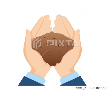 Hands filled with soil surrounded by falling seeds. This image highlights the concept of planting, new beginnings, and environmental care. 126404345