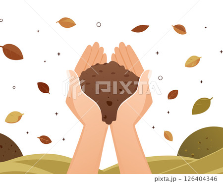 A pair of hands cupping soil in a heart-like shape. A minimalist concept that conveys love, nature protection, and environmental support. 126404346