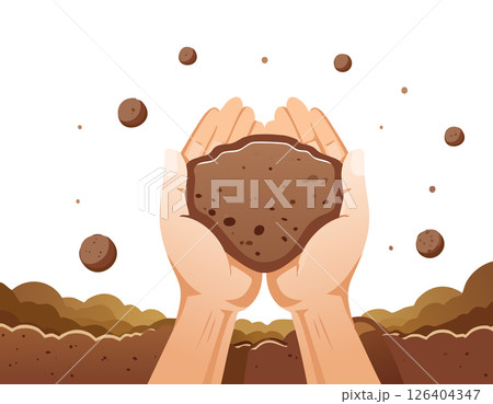 Hands holding soil with a focus on protection and care. This symbolic image represents harmony with nature and environmental sustainability. 126404347