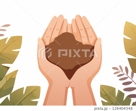 Soft colored illustration of hands cupping rich brown soil. Ideal for concepts related to sustainable farming, clean energy, and growing a better future. 126404348