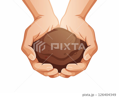 Illustration of hands carefully holding soil symbolizing care for nature. This image represents growth, balance, and commitment to protecting the planet. 126404349