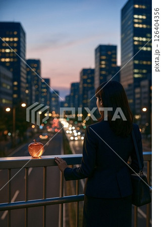 夕暮れの歩道橋から街を見下ろす女性 126404356
