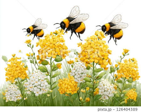 Three Bumblebees Pollinating Yellow And White Flowers 126404389