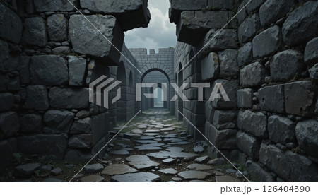 Ancient Stone Fortress Corridor with Arches and Desolate Path 126404390