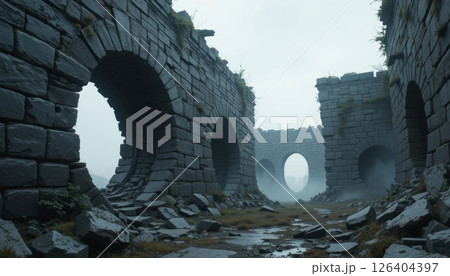 Misty Ancient Ruins with Arches and Scattered Debris Misty Ancient Ruins with Arches and Scattered Debris 126404397
