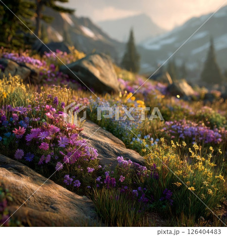 Vibrant Wildflowers Blooming on Mountain Rocks at Sunset Vibrant Wildflowers Blooming on Mountain Rocks at Sunset 126404483