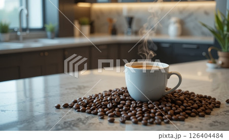 Steaming Coffee Cup with Scattered Beans and Cream 126404484