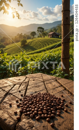 Organic Coffee Beans on Rustic Table, Vineyard View 126404488