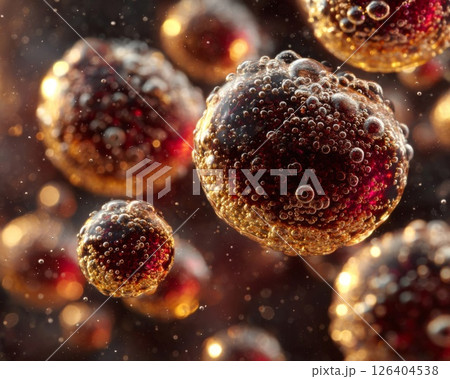 Abstract Red and Gold Bubbles Floating in Dark Background Abstract Red and Gold Bubbles Floating in Dark Background 126404538