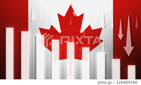 Flag with a declining bar chart and down arrows, symbolizing decline in data, performance, or various national indicators in the country. 126404566