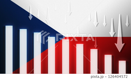 Flag with a declining bar chart and down arrows, symbolizing decline in data, performance, or various national indicators in the country. 126404572