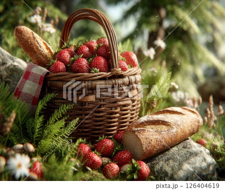 Summer Picnic Basket with Strawberries and Bread 126404619
