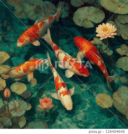 Koi Fish in a Teal Pond with Water Lilies 126404648