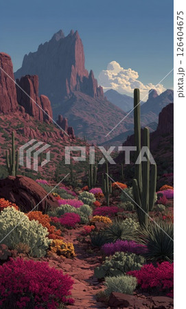 Vibrant Desert Landscape with Blooming Flowers and Cacti Vibrant Desert Landscape with Blooming Flowers and Cacti 126404675