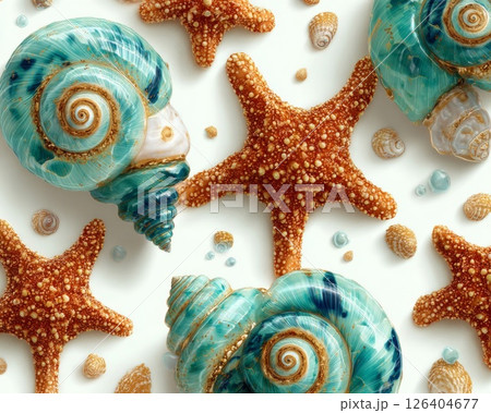 Seashells and Starfish on White Background 126404677